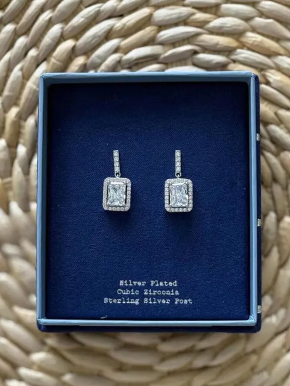 TARGET Silver Plated Emerald-Cut CZ Halo Drop Earrings